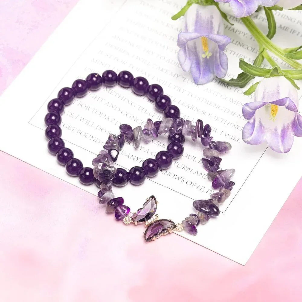 Purple Beaded Healing Bracelet with Butterfly Charm for Women